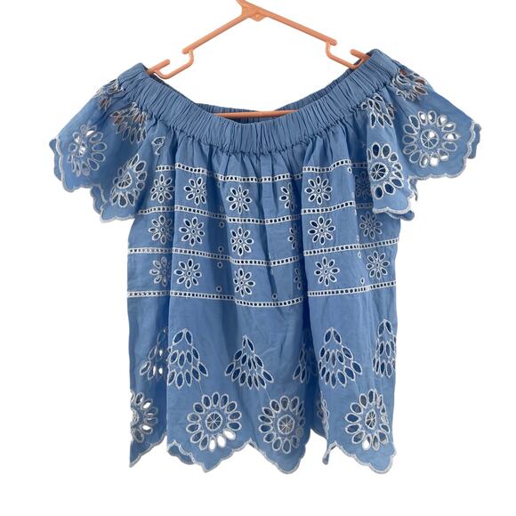 MUD PIE Blouse Size Extra Small Top Eyelet Baby Blue Off Shoulder 100% Cotton - Picture 1 of 11